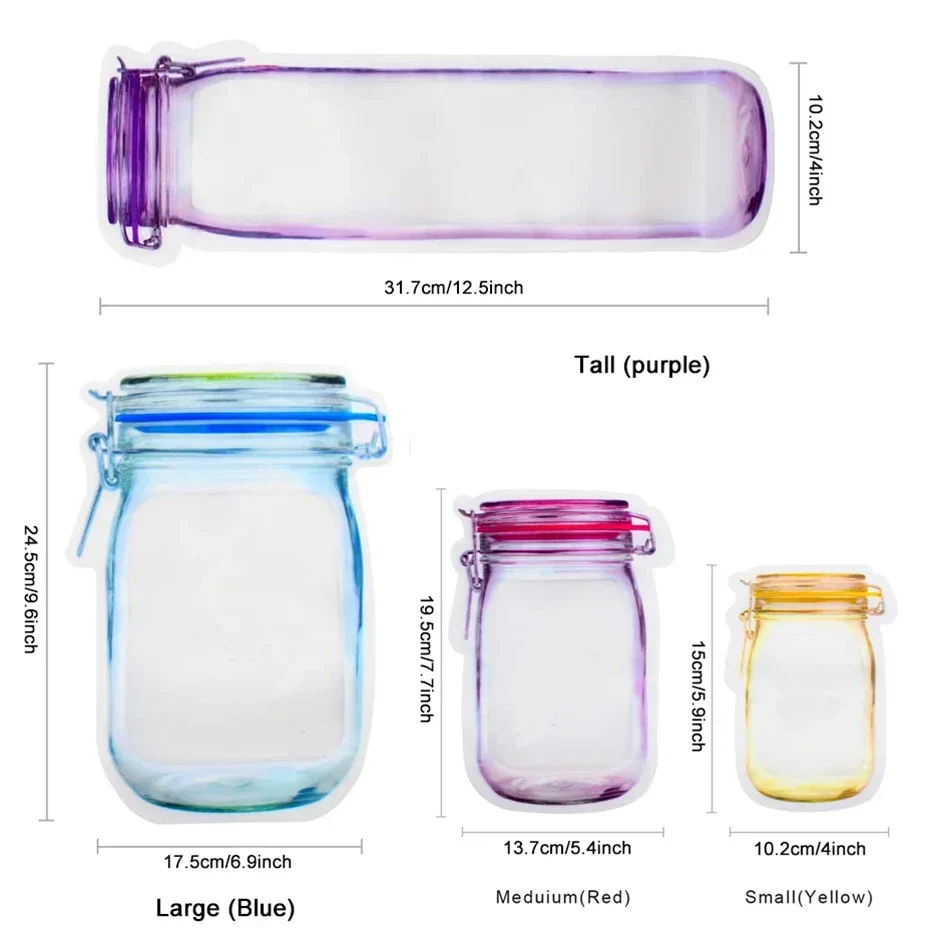 Mason Jar Shape Storage Bags Cookie Snacks Candy Bag Fresh Zipper Seal Food Storage Bag Reusbale Stand-up Organzier