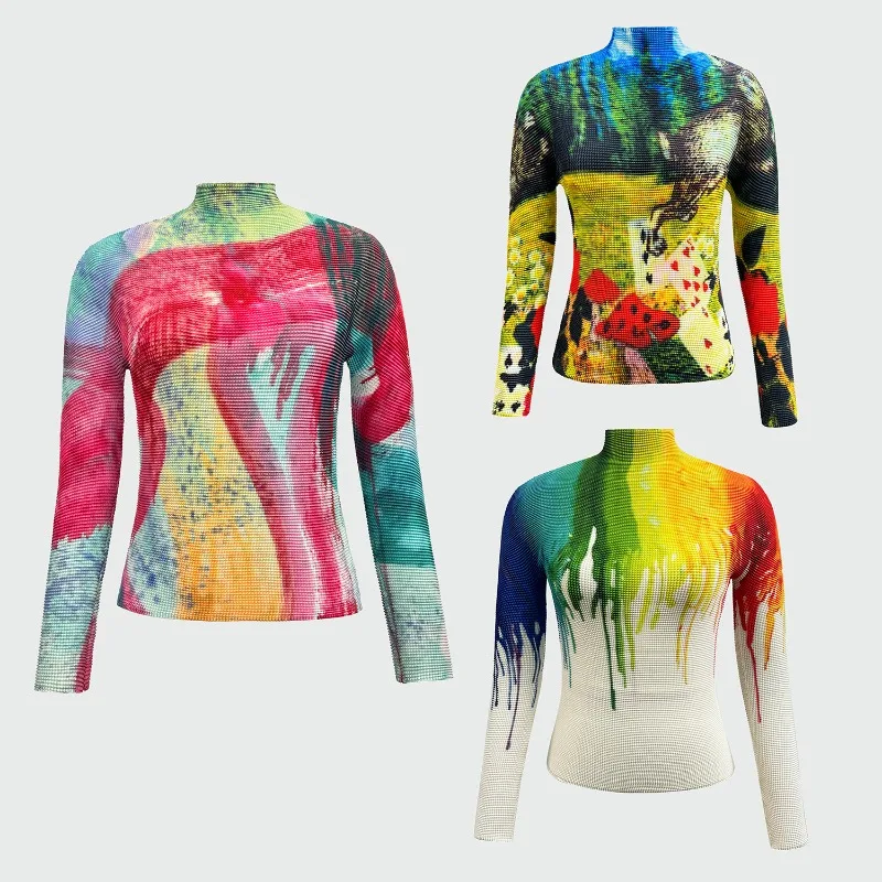 

2026 Miyake женский плиссированный топ, модная многоцветная футболка с цветочным принтом, тонкая футболка с длинным рукавом и полувысоким воротником, нижняя рубашка