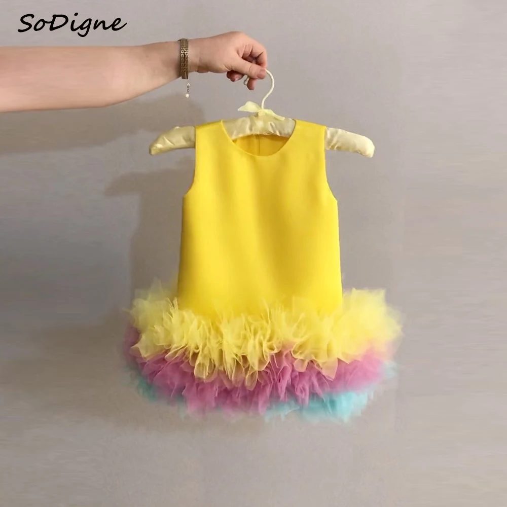 

SoDigne Satin/Tulle Arab Mini Flower Girl Dress O-neck Sleeveless Princess Kid Dress Short Birthday Party Gown Customized