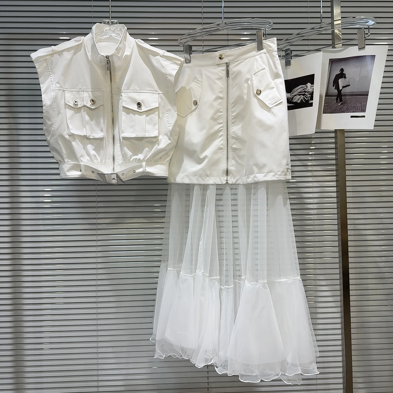 Sweet Cool Spicy Girl ket Vest Top Netting Splice  Skirt Set Faionable Zipper ort Sve Stand Collar Two Piece Suit