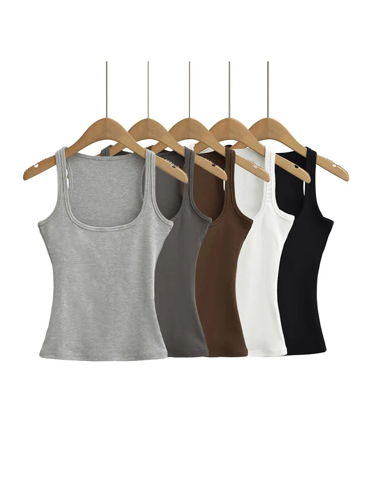 Canotta da donna slim fit con scollo quadrato tinta unita estiva casual moda manica corta scolpita