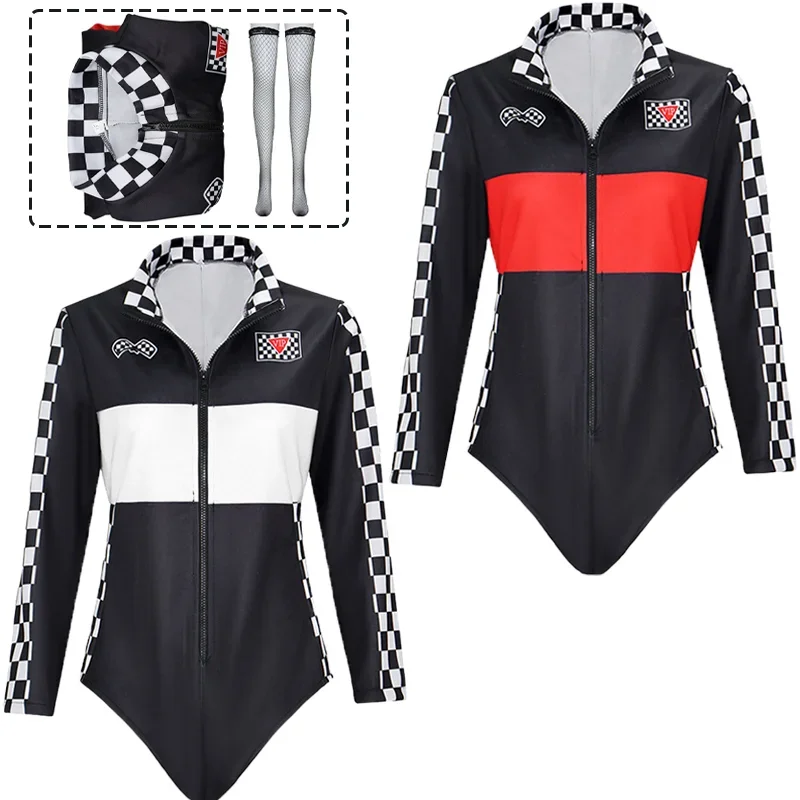 CosplayWomen سباق السيارات سائق تأثيري حلي مثير بذلة جوارب الحرير الفتيات التشجيع موحدة كرنفال لعب الأدوار Cl