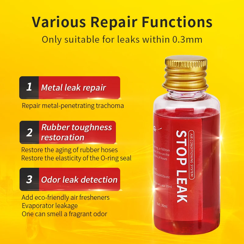 Agente Riparatore per Perdite del Sistema di Climatizzazione Auto 30ml, Olio per Riparazione di Sistemi di Refrigerazione Domestici e Commerciali per R134a R32 R1234yf