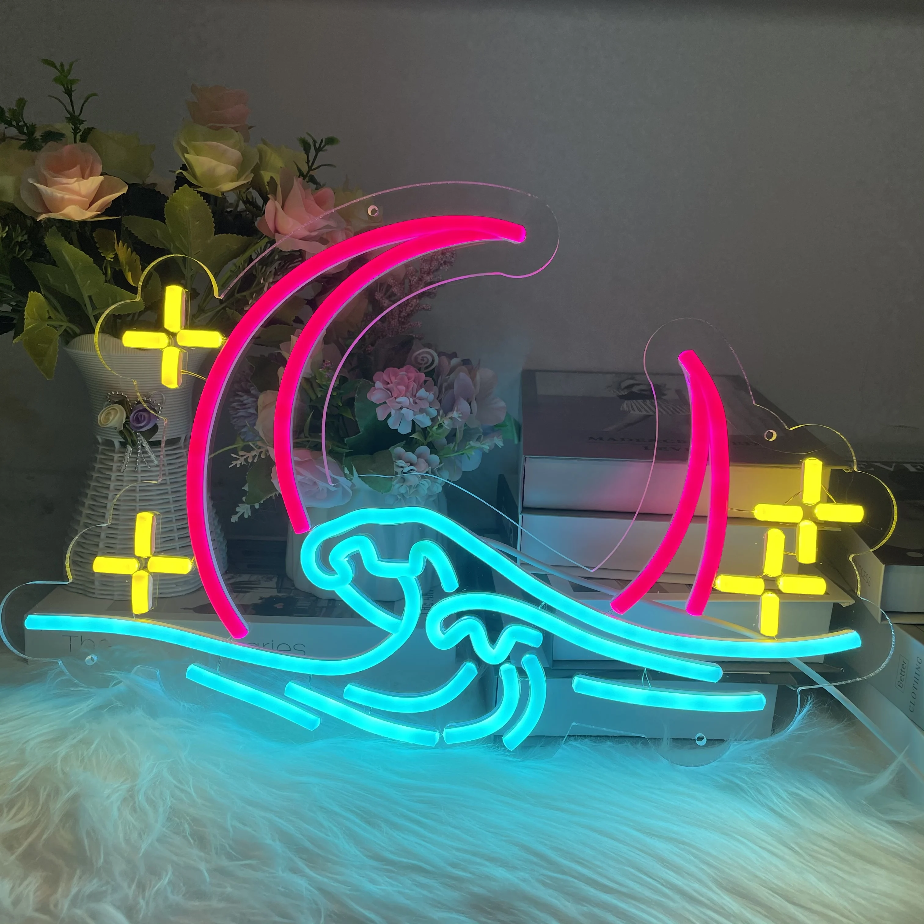 Wave Moon Neon Sign Custom Wave Ocean Neon Signs Art Led light Wall Decor Gaming Room Bar Bedroom Wedding Atmosphere Art Neon