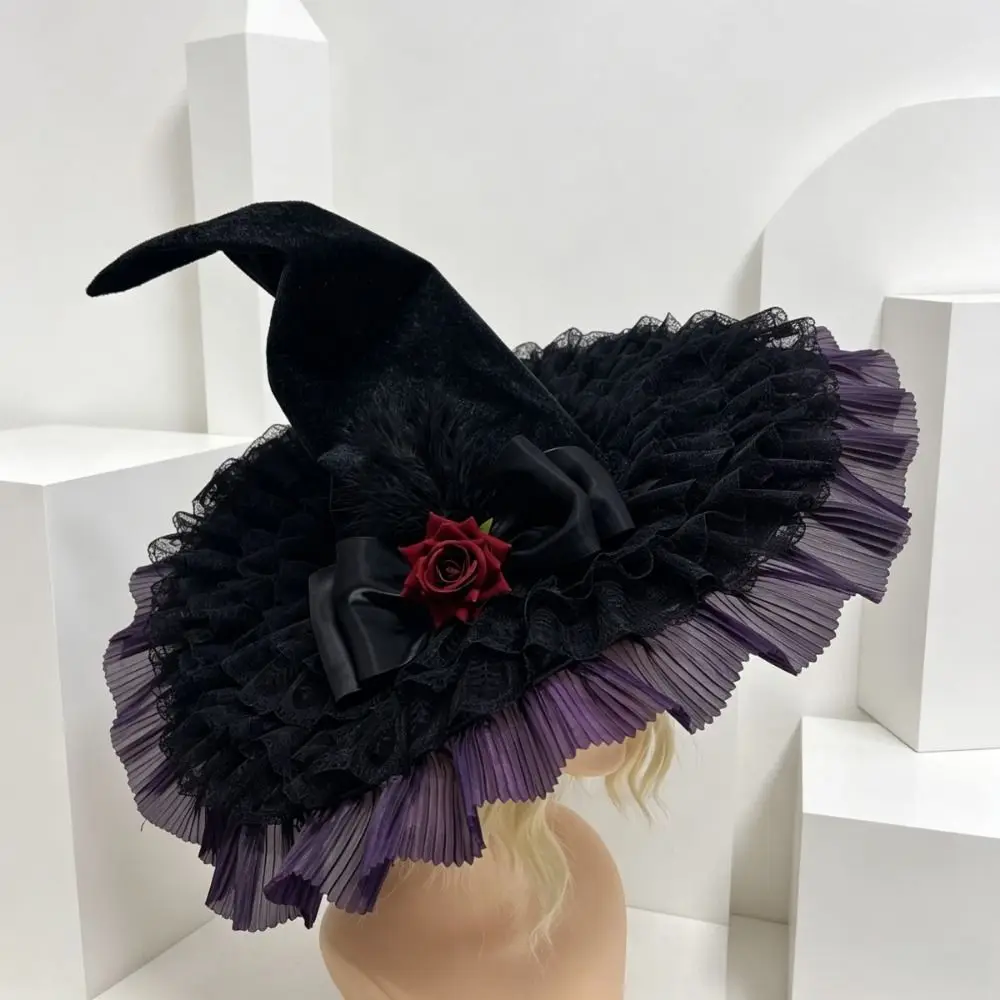 Creative Rose Bowknot Halloween Witch Hat Wide Brim Pointed Top Pointed Hat Lace Black Green Purple Witch Cosplay Hat Unisex