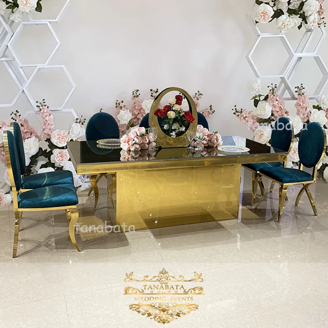 Mirror glass top event gold stainless steel metal tables and chairs for events