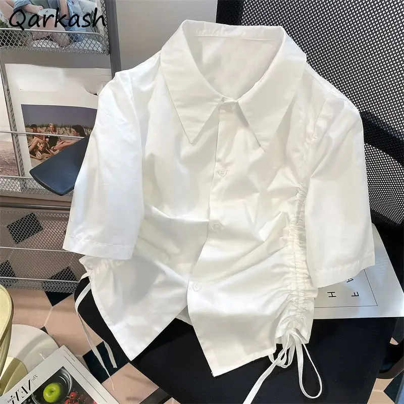 Loose Shirts Women Shirring Vintage Office Ladies Summer Streetwear Simple Korean Style Daily All-match Elegant Fashion Harajuku