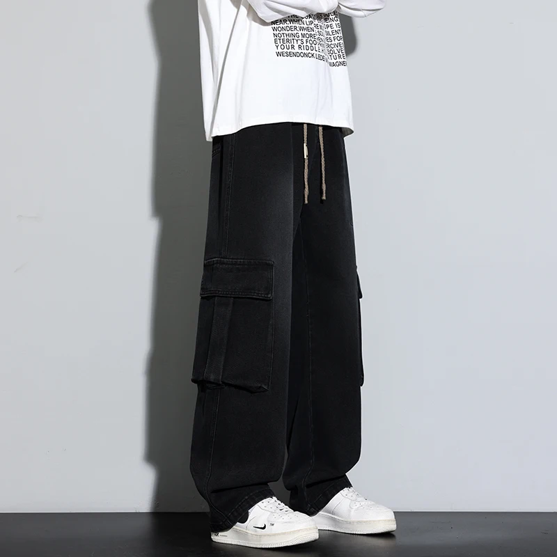 

Trendy Men's Bla Workwear Jeans Loose High Street Wide Leg Cotton Denim Pants Multiple kets Dstring Casual Trousers