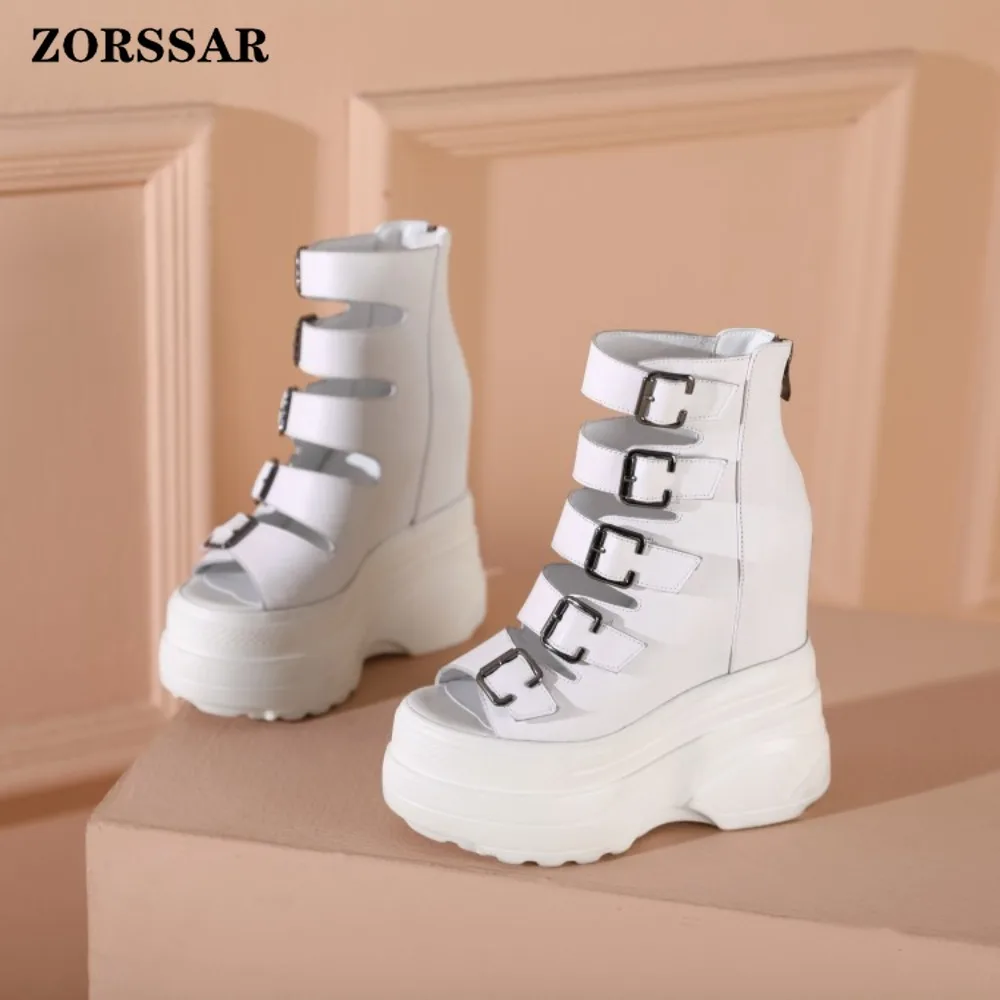 Women's White 16cm Super High Heel Wedge Platform Sandals Cutout Ankle Boot Open Toe Back Zipper Multi Buckle Strap Party Shoes view 5