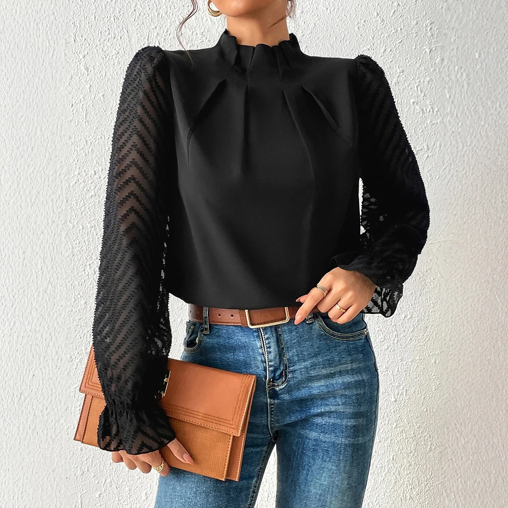 

Shirts Spring Summer Casual Elegant Gauze Folds Long Sleeve Stand Collar Office Lady Shirts