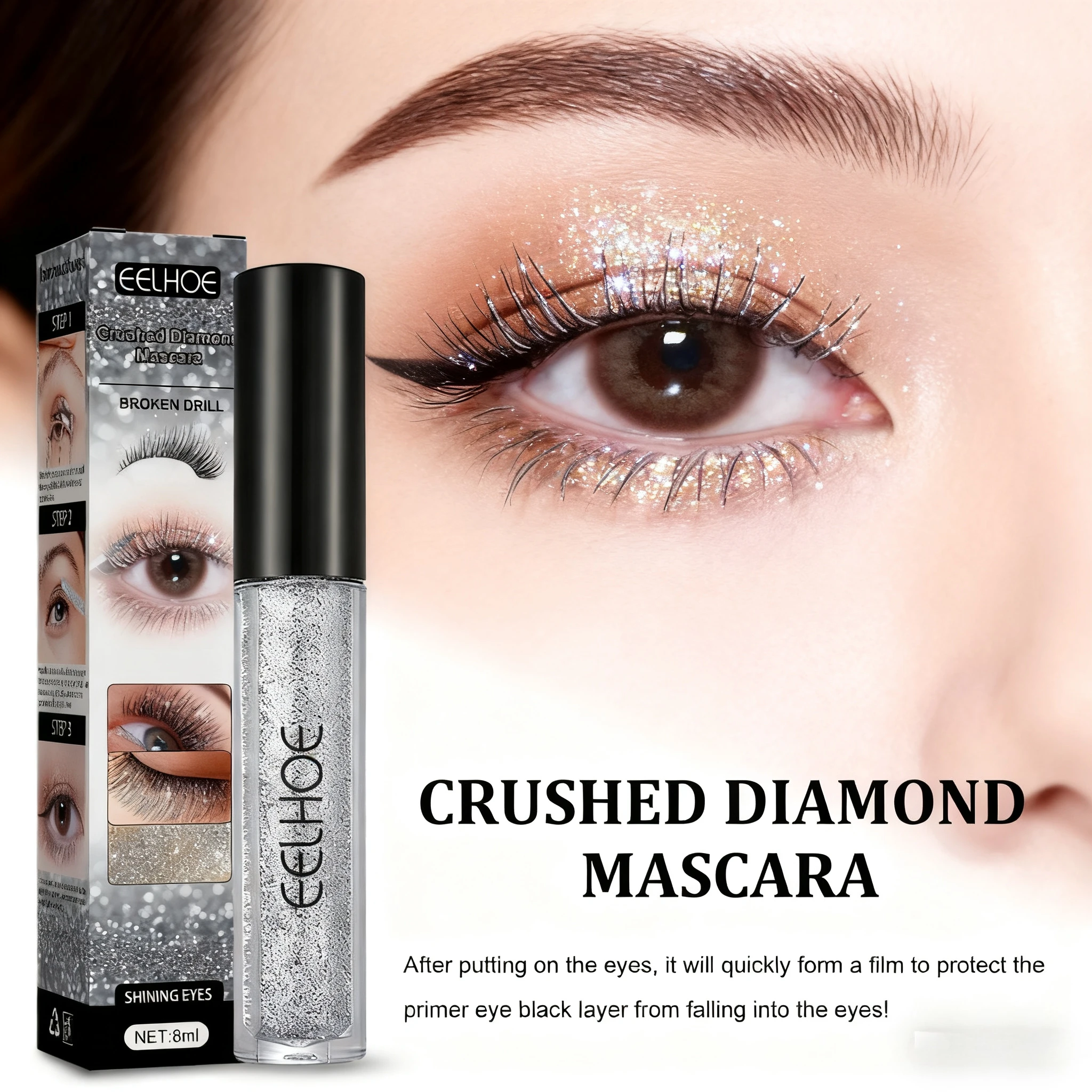 Sparkling Micro-Glitter Mascara, Shaping Primer, Quick-Dry Film-Forming, Sparkling Teary Eyes, Smudge-Proof Mascara