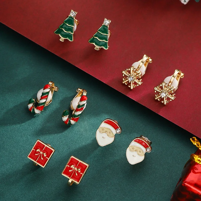 5 Pairs/Set Christmas Ear Clip Earrings For Women Zircon Xmas Tree Santa Claus Snowflake Ear Bone Clip Earring Party Jewelry