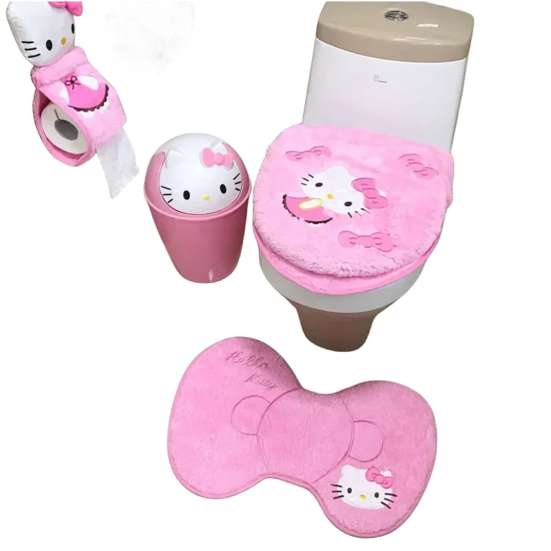 

New Hello Kitty Cartoon Cute Toilet Three-piece Set Creative Kawaii Plush Toilet Mat Foot Mat Personalized Tissue Box Wholesale