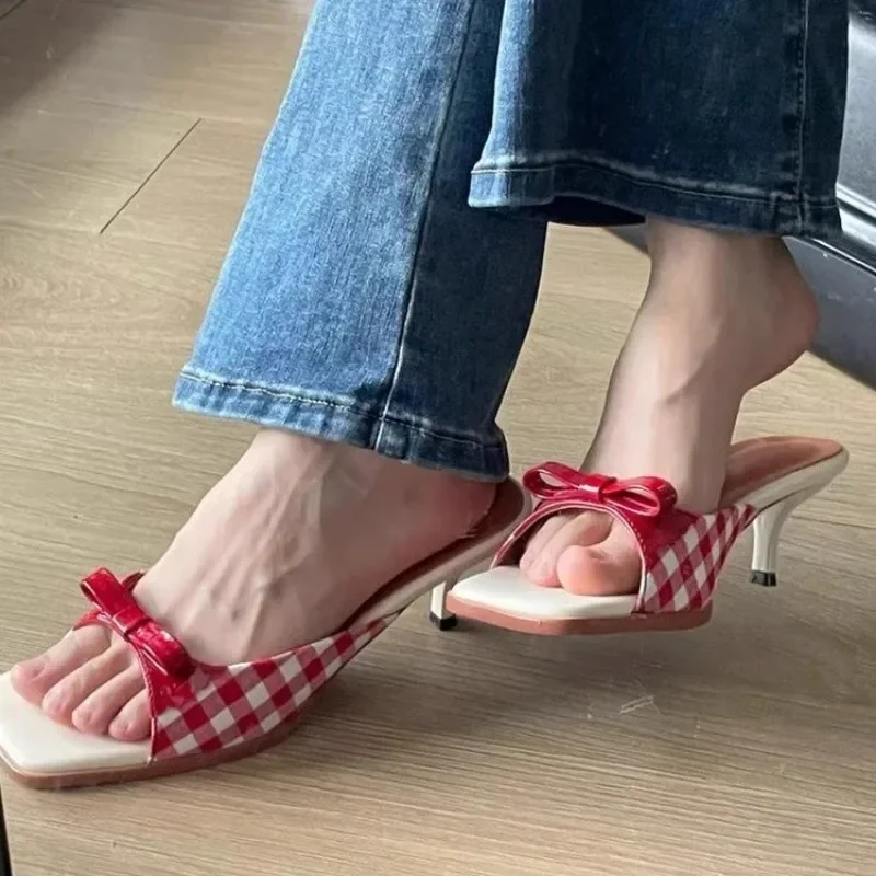 Design Shoes Retro Plaid Bow Sandals Kitten Heels French Style Peep Toe Shoes Mixed Color Sweet and Cute Women\'s Vocation Shoes
