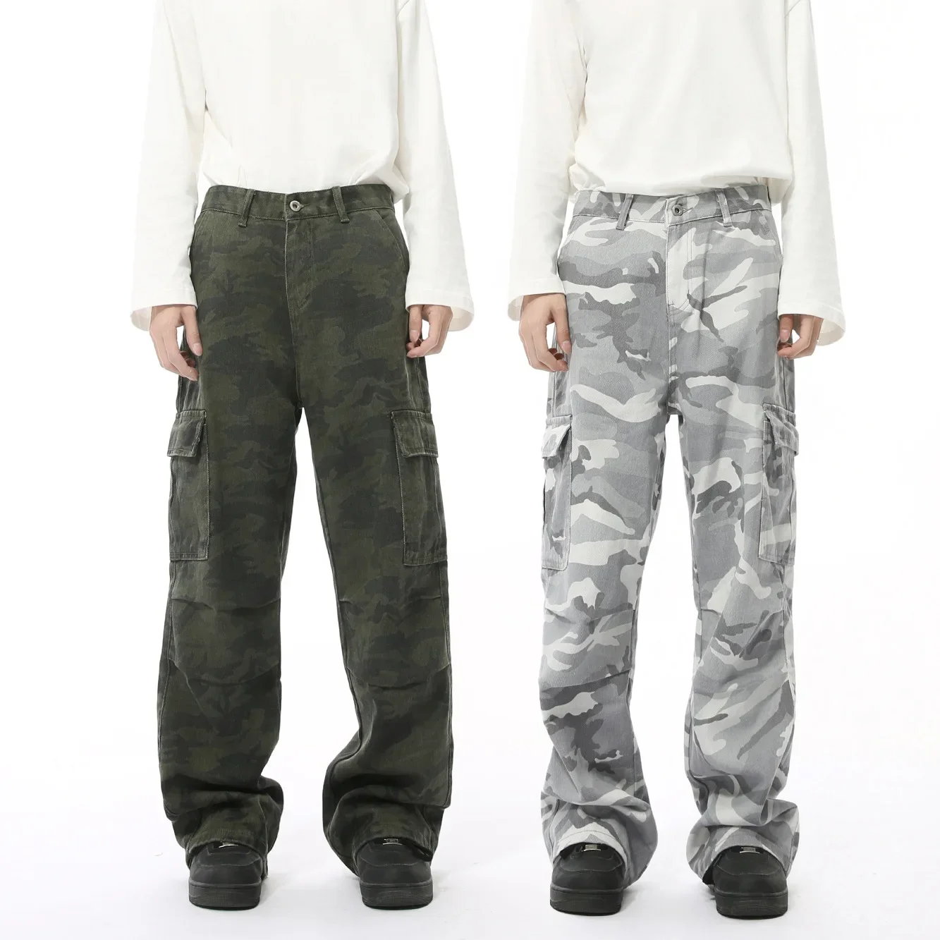 

LIBIELIY Four Seasons Men's High Street Vintage Camouflage Multi Pocket Cargo Jean Pants Casua Trendy Denim Cargo Trouser Male