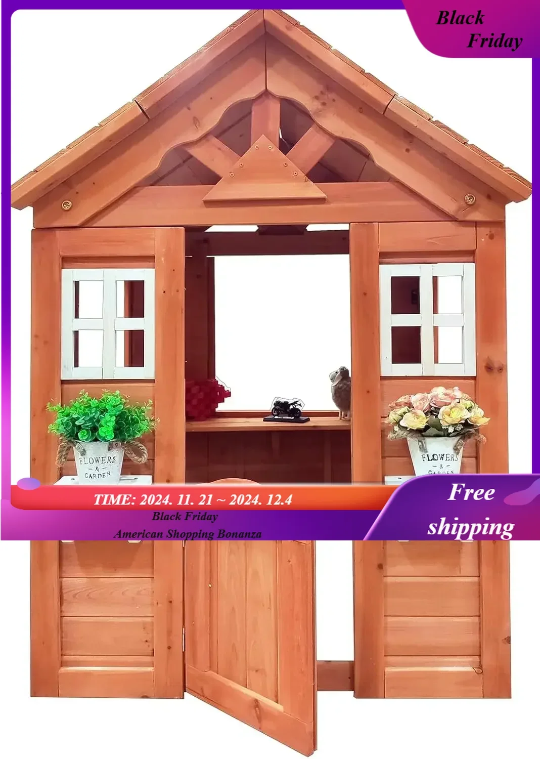 

Wooden Outdoor Playhouse for Age 3-6 Years Boy Girl, Outdoor Cottage Playhouse with Door, 2 Windows, 3 Serving Station,