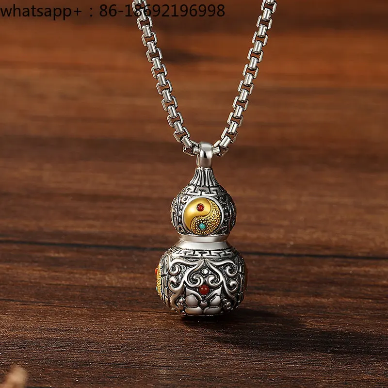 Gourd Pendant Male Sterling Silver Retro Personality Trendy Male Ethnic Style Taoist Qiankun Gossip Fortune Necklace