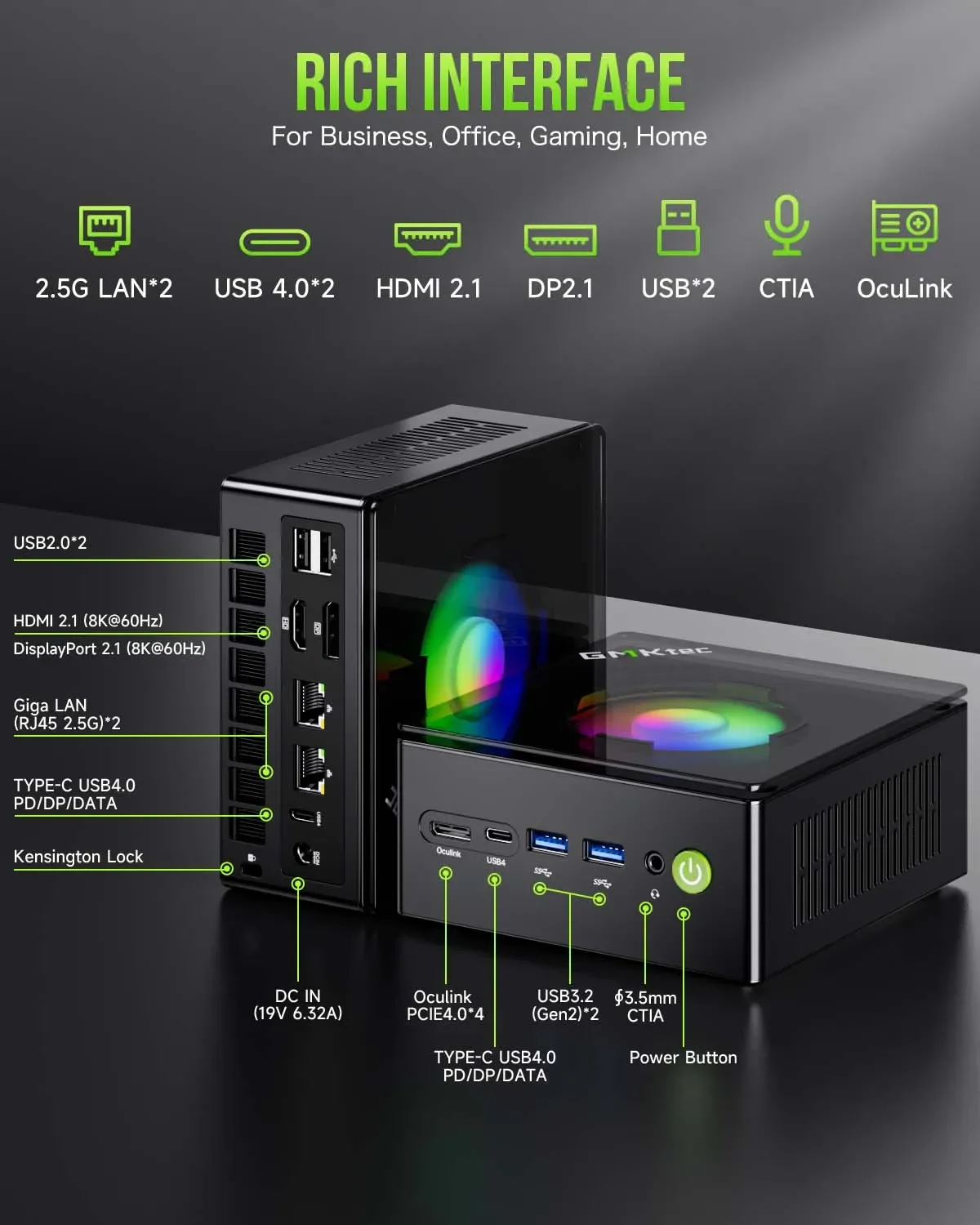 MINI PC GMKtec K11 AMD R9 8945HS DDR5 5600MHz SSD PCIe4.0 Pro Four Screen Display OCulink Desktop Gaming Computer