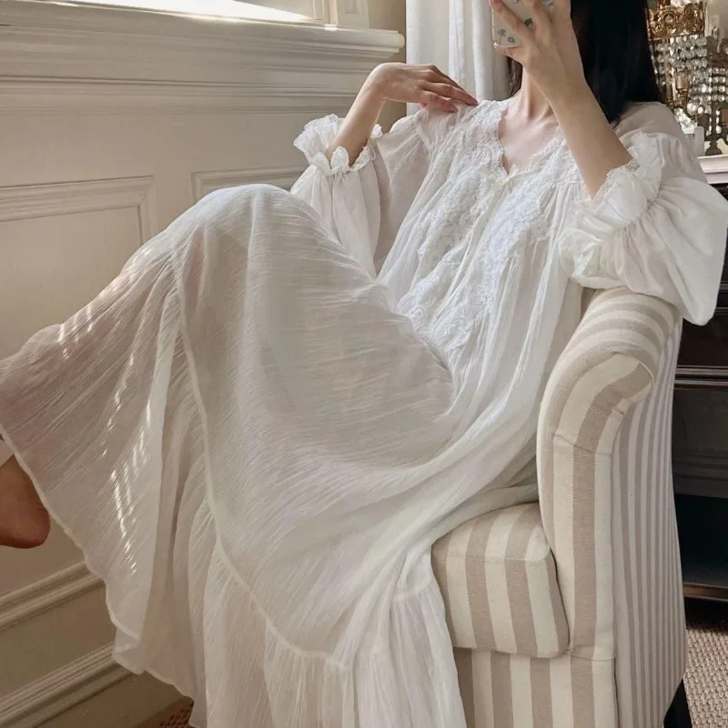 

French Court Nightdress Women's Long Dress Spring and Summer Long-sleeved Pajamas Lace Princess Style Loungewear 2026
