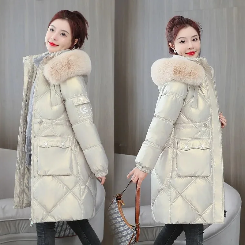 Champagne Winter Jacket Parkas Women Coat Fur Collar Hooded Overcoat Female Jacket Thick Warm Cotton Padded Puffer Parka Outwear