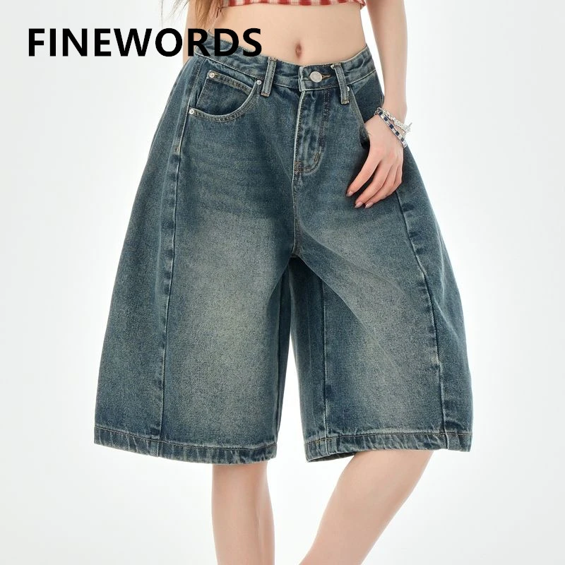 FINEWORDS Vintage Summer High Waist Short Jeans Women Korean Streetwear Easymatch Wide Leg Short Blue Loose Middle Jeans