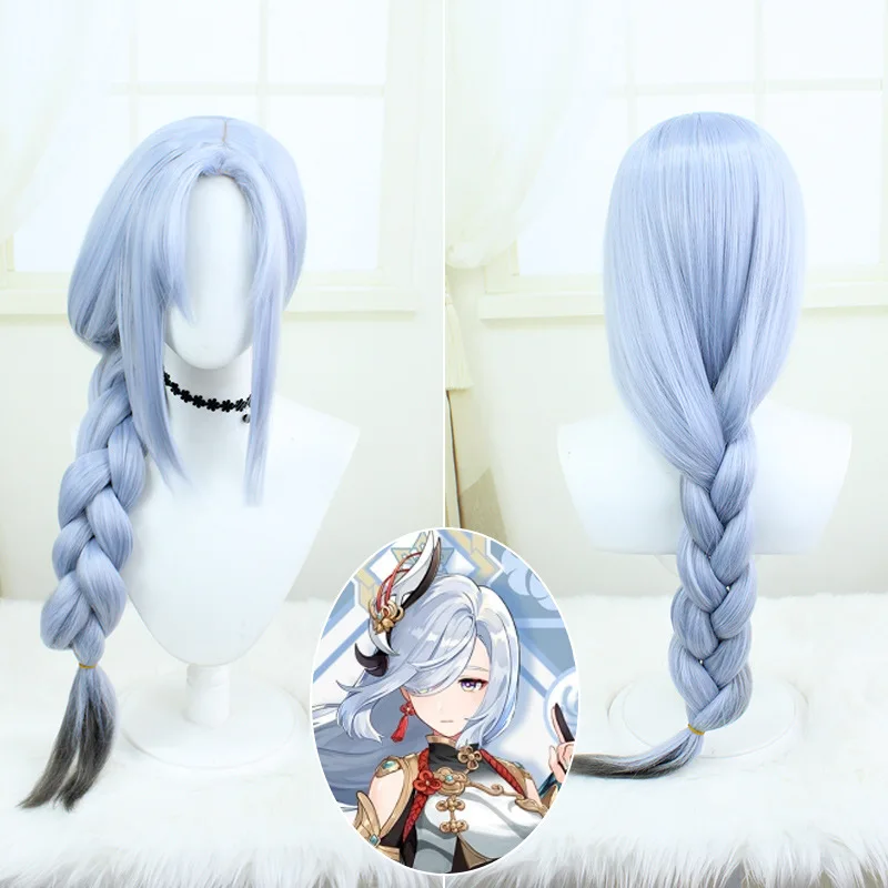 

Genshin Impact Shenhe Cos Wig Fried Dough Twists Braid Dyed Light Blue Gradual Change Medium Long Hair Synthetic Wigs
