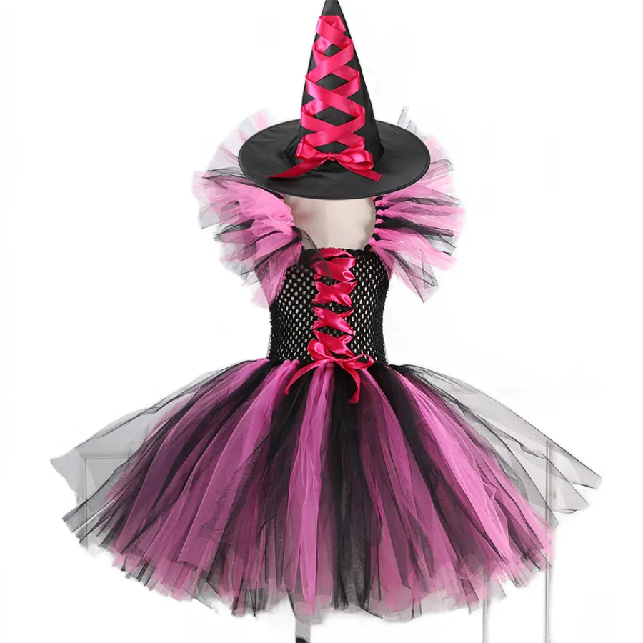 2 Pieces Witch Tutu Dress with Hat Girls All Saint\'s Day Bruja Wizard Costume Role Play Toddler Halloween Party Fairy Witch Gown