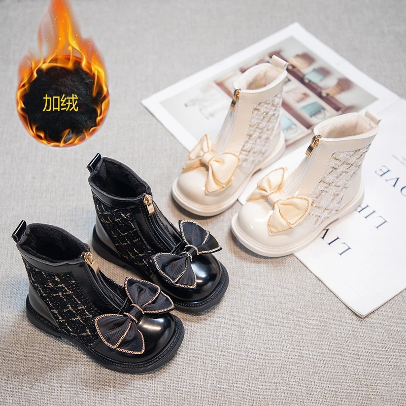 

Girls Leather Boots with Bow Detail 2025 New Winter Girls Fleece Boots Soft Sole Classic Princess Kids Christmas Party Boots