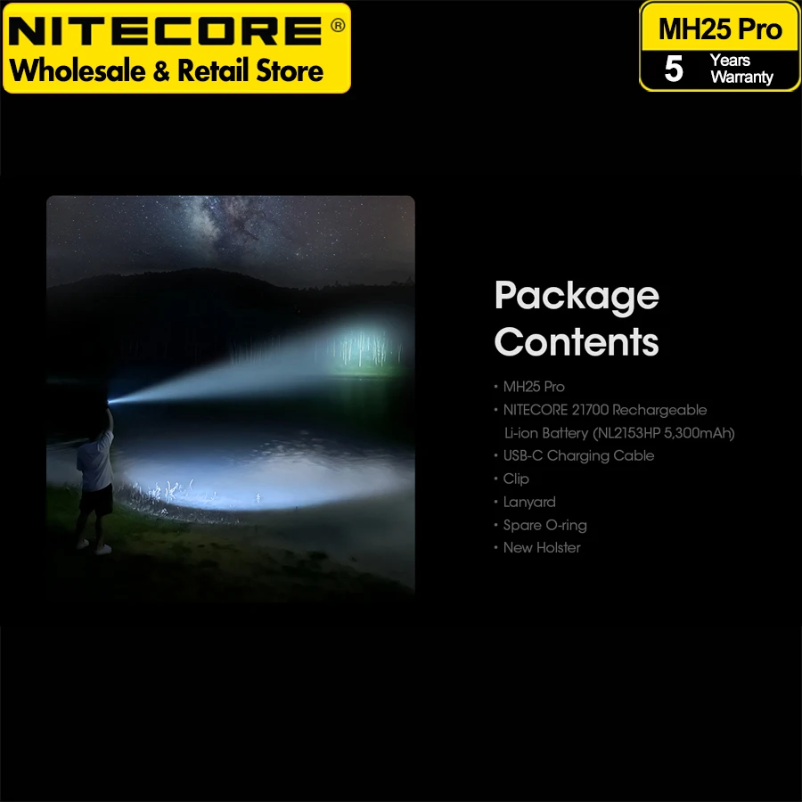 مصباح يدوي NITECORE MH25 Pro طويل المدى للغاية 3300 لومن USB-C قابل لإعادة الشحن مع بطارية ليثيوم أيون 5300 مللي أمبير في الساعة