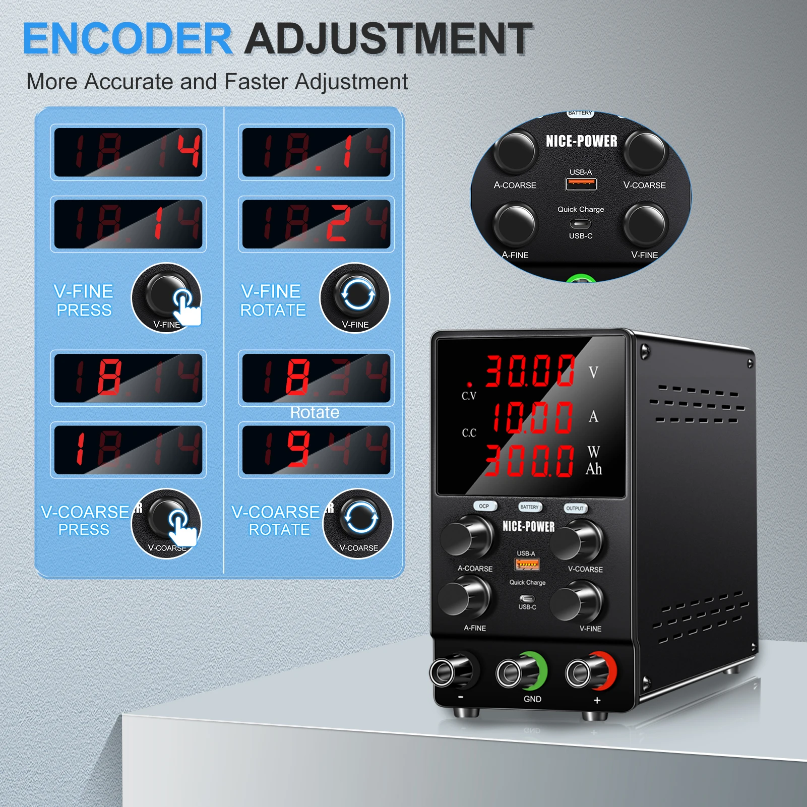 Intelligent Charging DC Power Supply Variable,30V 10A Adjustable Switching Regulated DC Bench Power Supply,OCP OUTPUT Switch