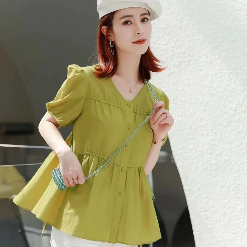 

Summer New V-neck Short Sleeve Single Breasted Shirt Women Loose Casual Pleated Waist Lacing Cardigan Style Elegant Tops Q859