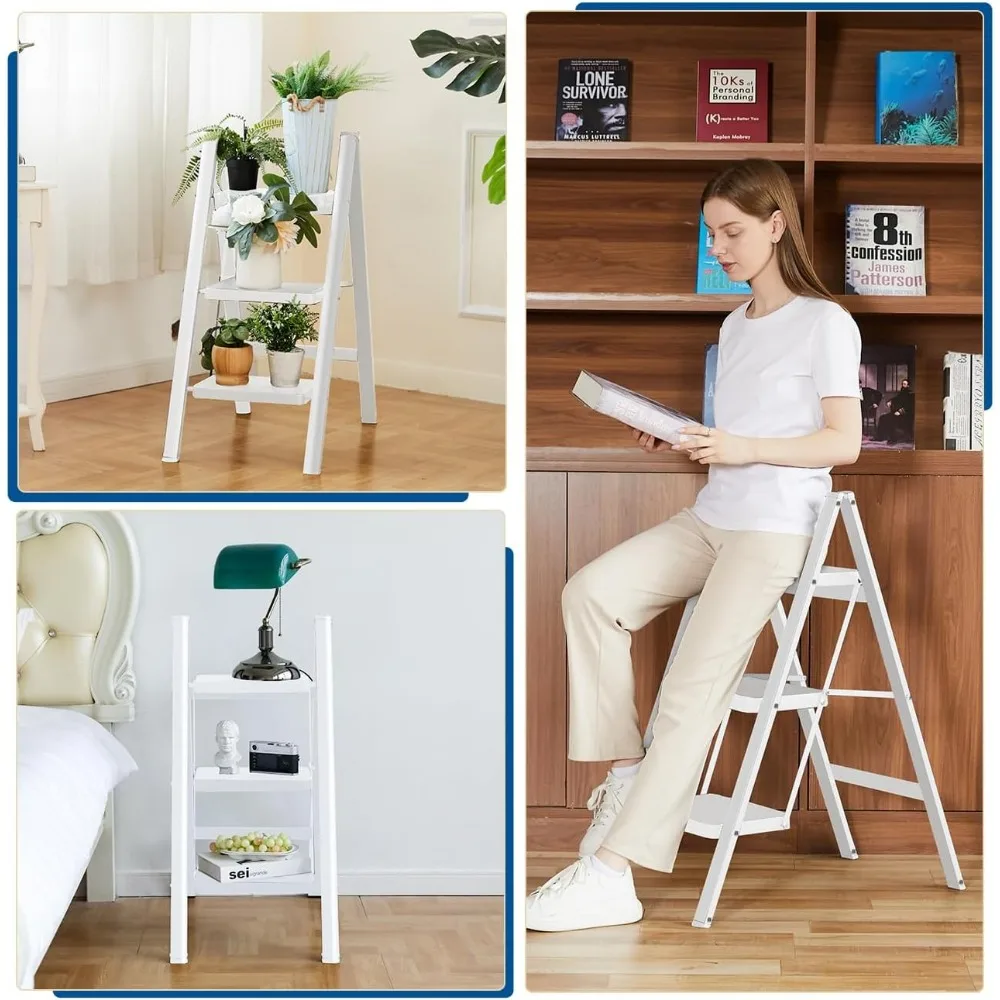 丈夫な3段折りたたみ式はしご、大人用、耐荷重330ポンド、安全なスチール製キッチンとクローゼット用ステップスツール