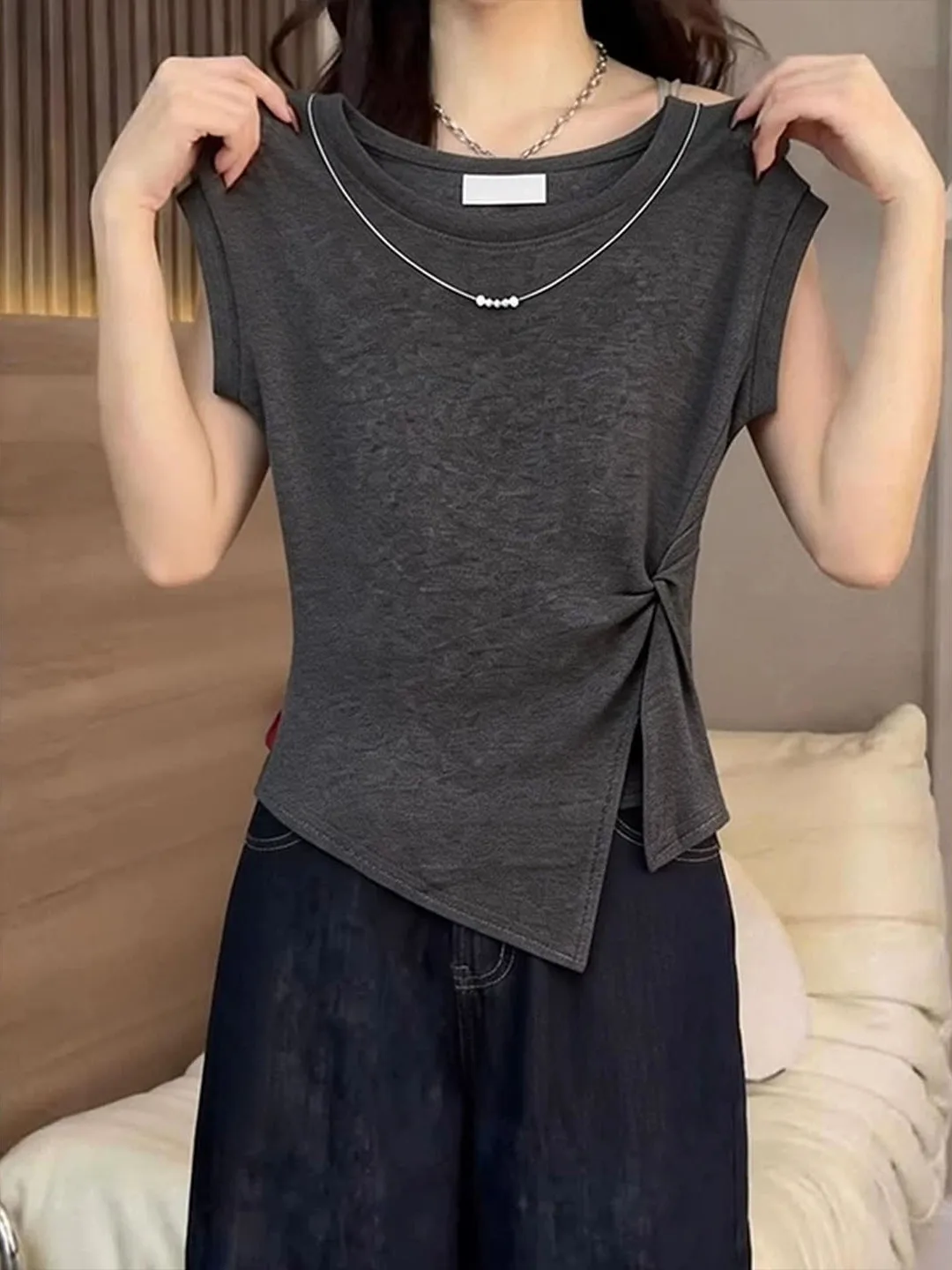 

Korean Style round Neck Short Sleeve Pure Color Hoodie Casual Summer Top Women's Fashion Design Versatile Comfortable T-Shirt