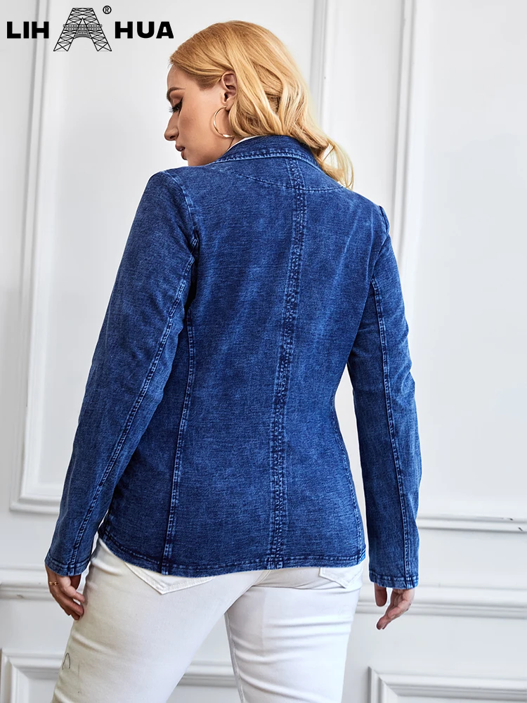LIH HUA Women's Plus Size Denim Suit Autumn Chic Elegant Suit For Chubby Women Knitted Cotton Suit