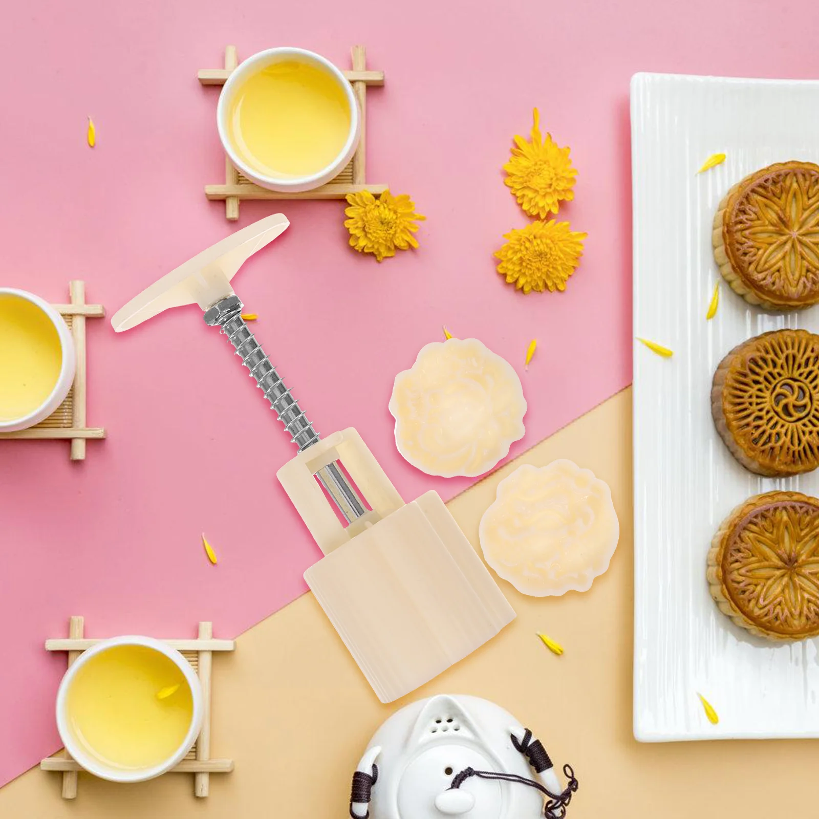 

1 Set Moon Cake Mold Kit Lotus Pond Design Hand Press Baking Tool For Diy Chinese Cookies Mid-Autumn Festival Supplies Plastic