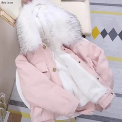 Parkas Women Short Hooded Kawaii Fur Collar Solid Single Breasted Parka Korean Warm Pockets Womens Trendy Leisure Cashmere Coat