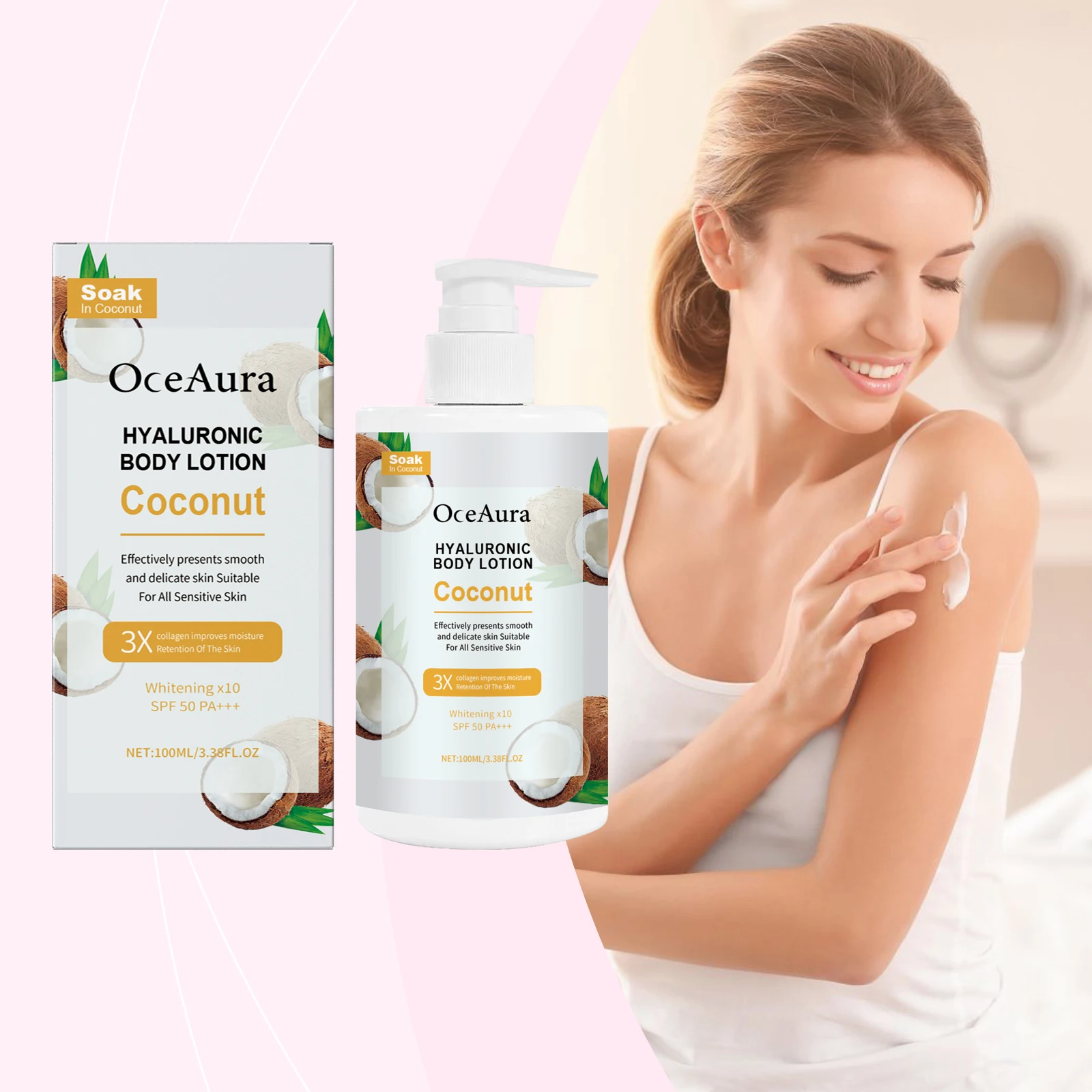 코코넛 히알루론산 바디 로션 - SPF 50 PA+++ 민감성 피부를 위한 화이트닝 & 하이드레이팅 모이스처라이저, 3X 스무딩 효과, 100ml/3
