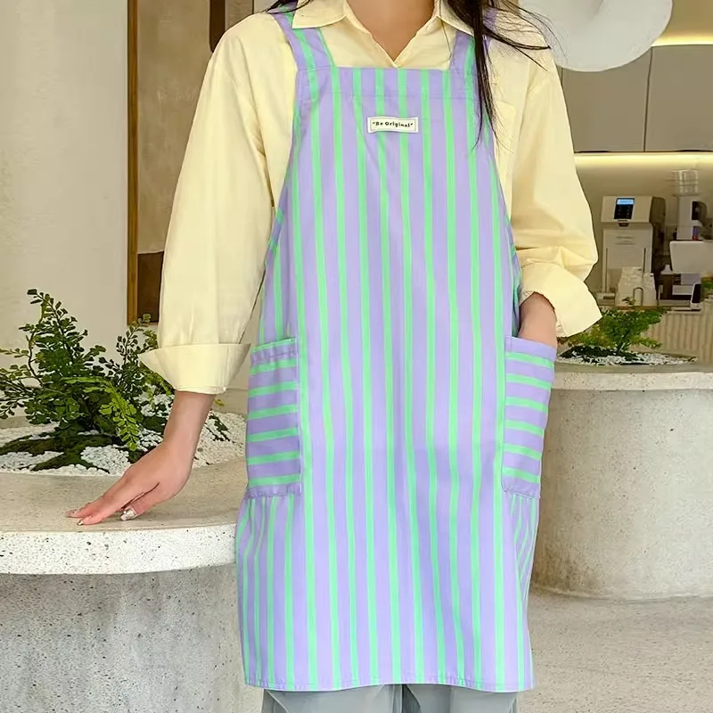 

Fashion Striped Waterproof Cotton Kitchen Apron with Pockets for Women Anti-dirty Cross-back Pinafore for Cooking and Cleaning