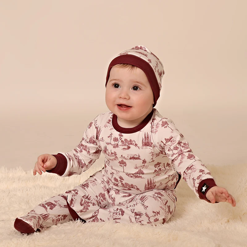 AA SS25 - Children and Baby Clothes French Toile Blue Pink Cozy Pajamas and Footies with Hat for Layette Kids Set Baby Romper