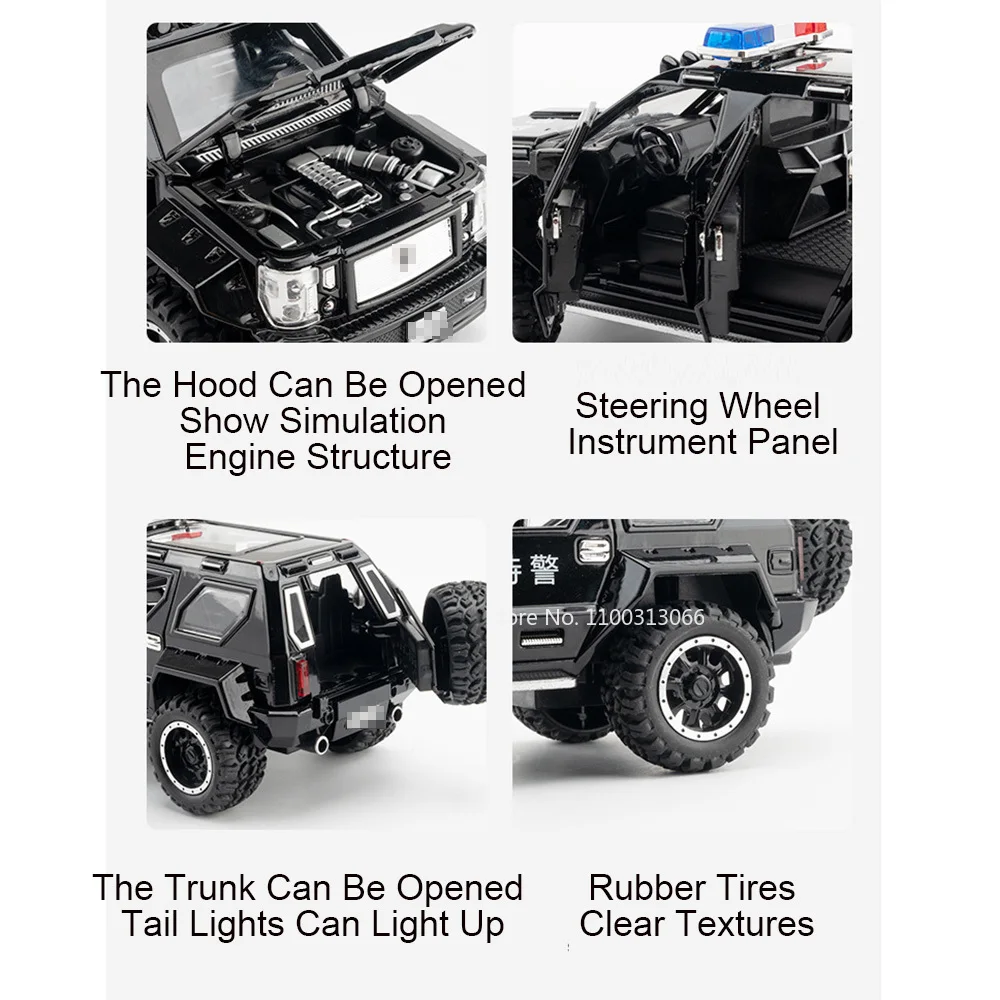 1:24 Scale Alloy QiaoZhiBaDun H2 Police Car Models Toys 6 Doors Opened Vehicles Wheel Pull Back Cars Adult Kids Birthday Gifts