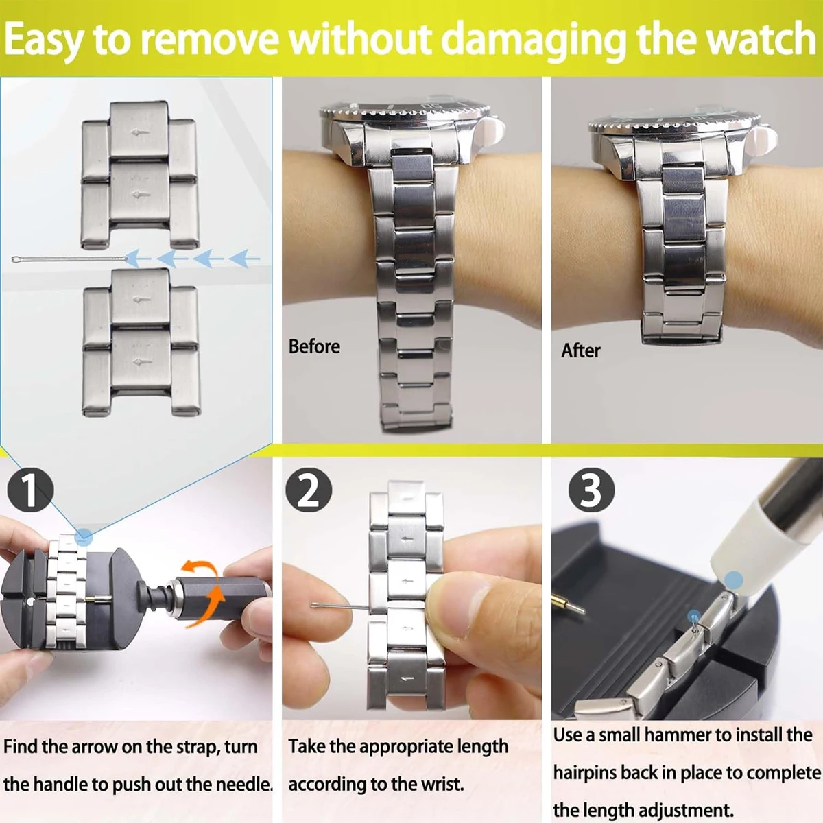 11pcs/pack Watch Link Removal Tool Kit, Watch Band Tool Strap Chain Pin Remover Repair Tool Kit for Watch Band Strap Adjustment