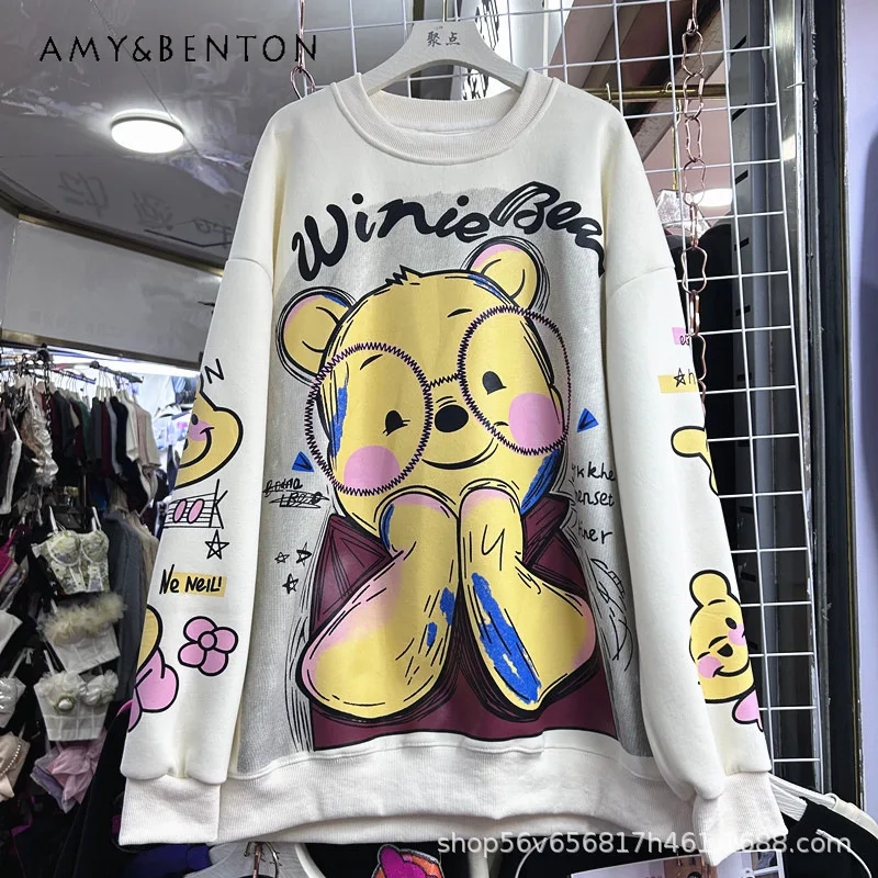 

American Style Design Letter Cartoon Patch Print Loose Long Sleeves Sweatshirts Women's Autumn New Fashion Versatile Top Hoodies