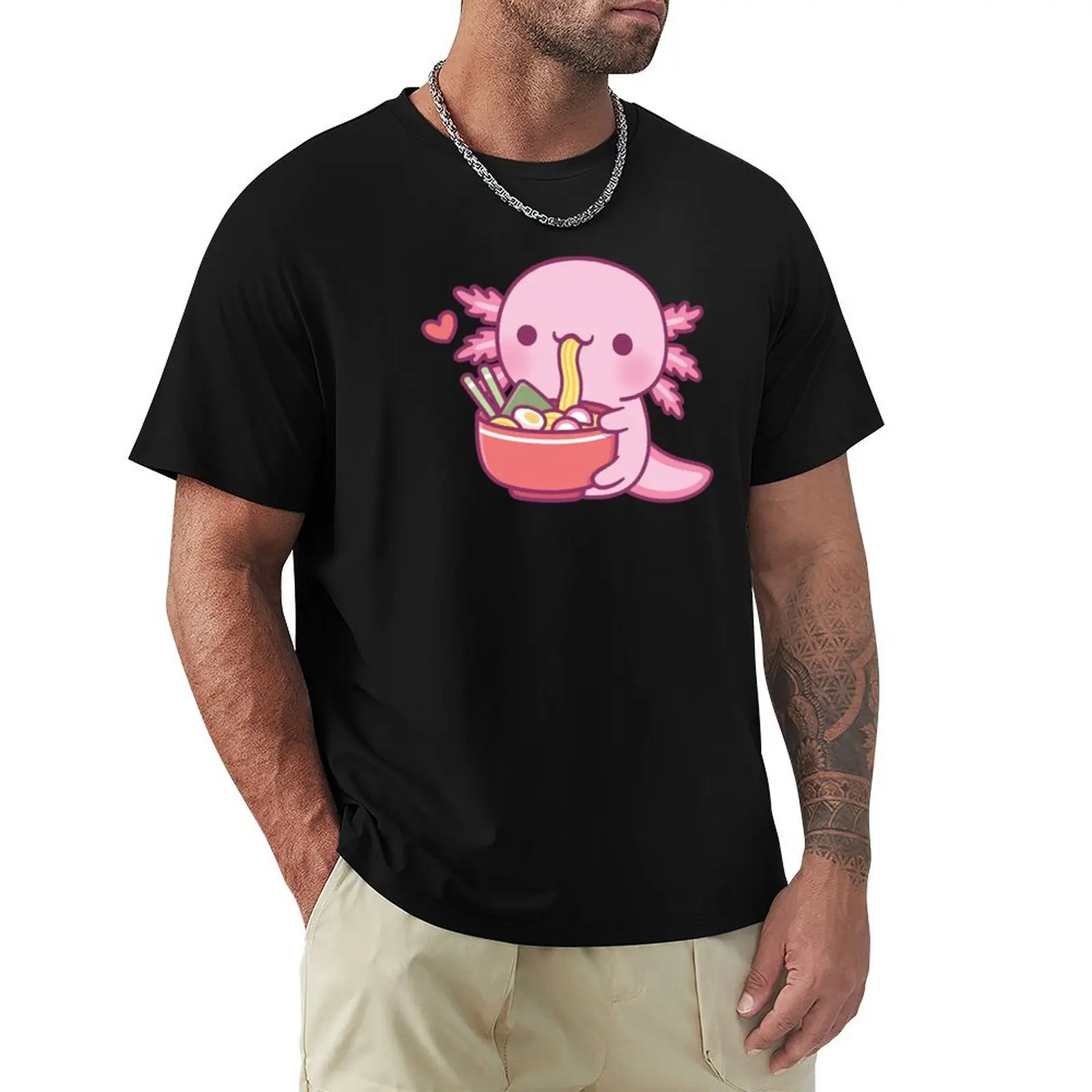 Cute Axolotl Loves Eating Japanese Ramen Noodles T-Shirt man t shirts cotton T-Shirt