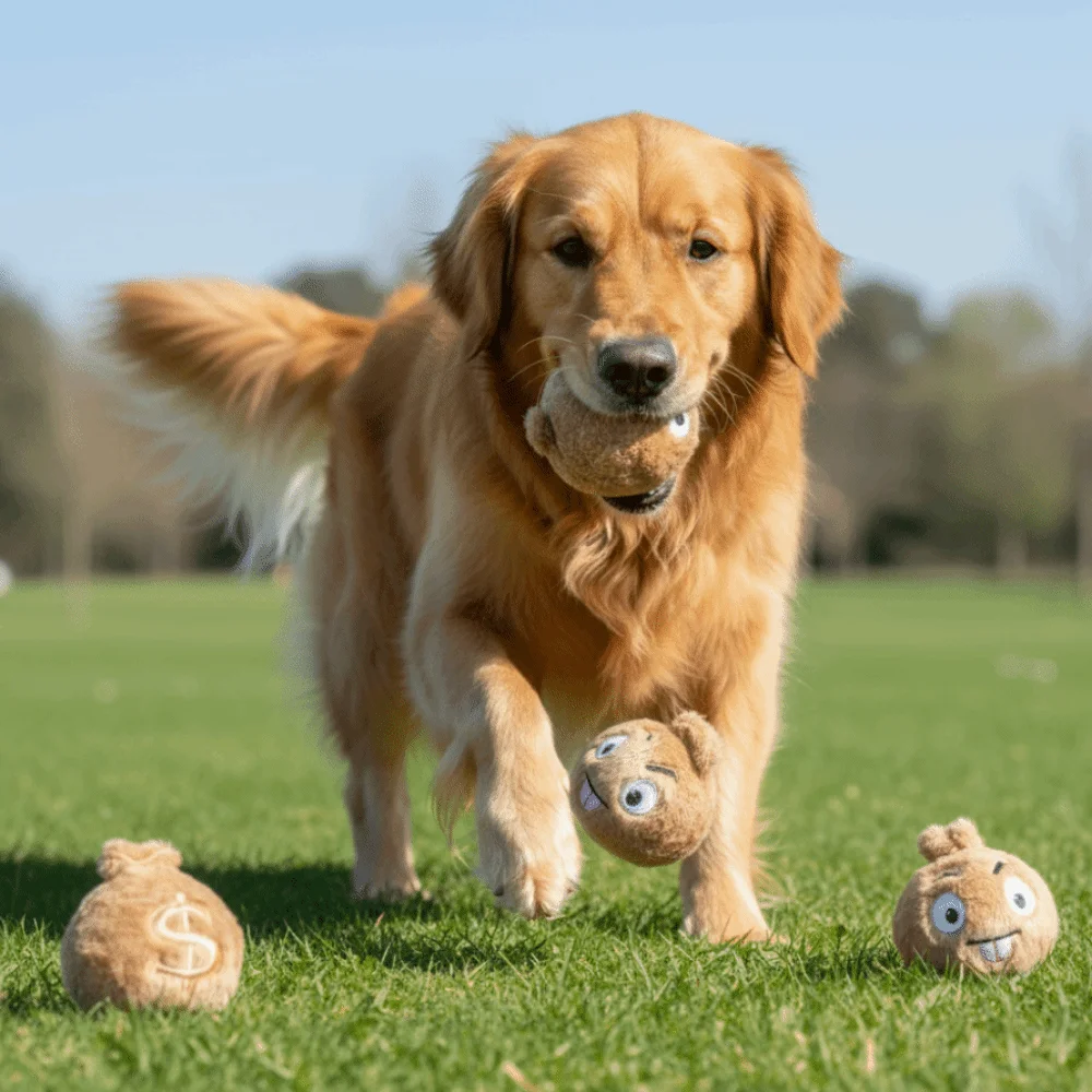 

Fluffy Pet Plush Squeak Ball Money Bag Shape Cartoon Pattern Dog Elastic Ball Bite Resistant Dog Training Toy Interactive Play