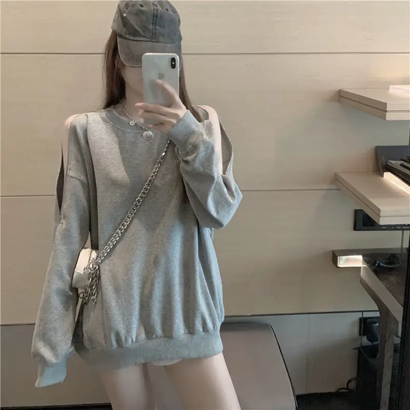 Fashion Solid Color Zipper Off Shoulder T-Shirt Female Clothing 2023 Autumn New Oversized Loose Casual Tops All-match Tee Shirt