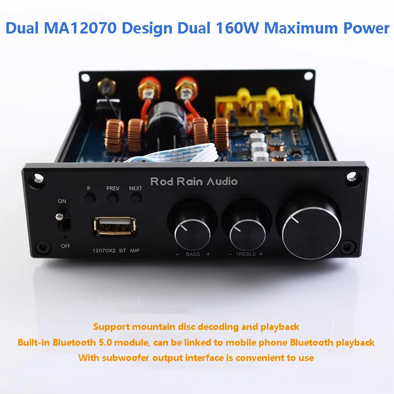 Class D HIFI Audio Power Amplifier 160W * 2 Output Power Bluetooth 5.0 2.1-channel Home Amplifier Dual MA12070 USB Readout