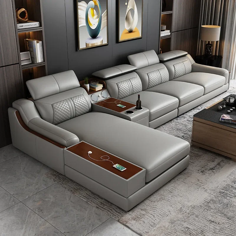 Leather sofa combination simple modern living room functional sofa Large family L-shaped corner leather sofa