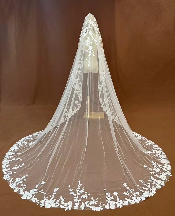 Long Wedding Veil Appliques Lace Edge Bridal Veils Accessories 300CM Customized image 5