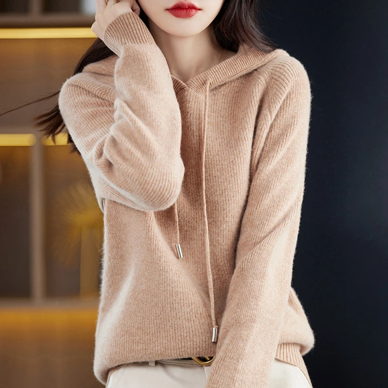 2023 New Cashmere hooded sweater Women Long Sleeve Autumn and Winter Knit hooded Pullover Solid Color Cashmere Base