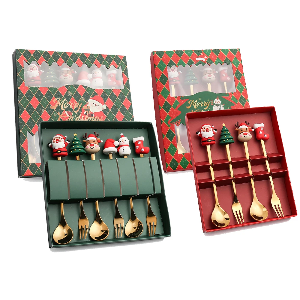 4/6 stücke Weihnachten Löffel und Gabel Set Edelstahl Kreative Geschirr Kaffee Tee Dessert Löffel und Gabel Exquisite Geschenk set